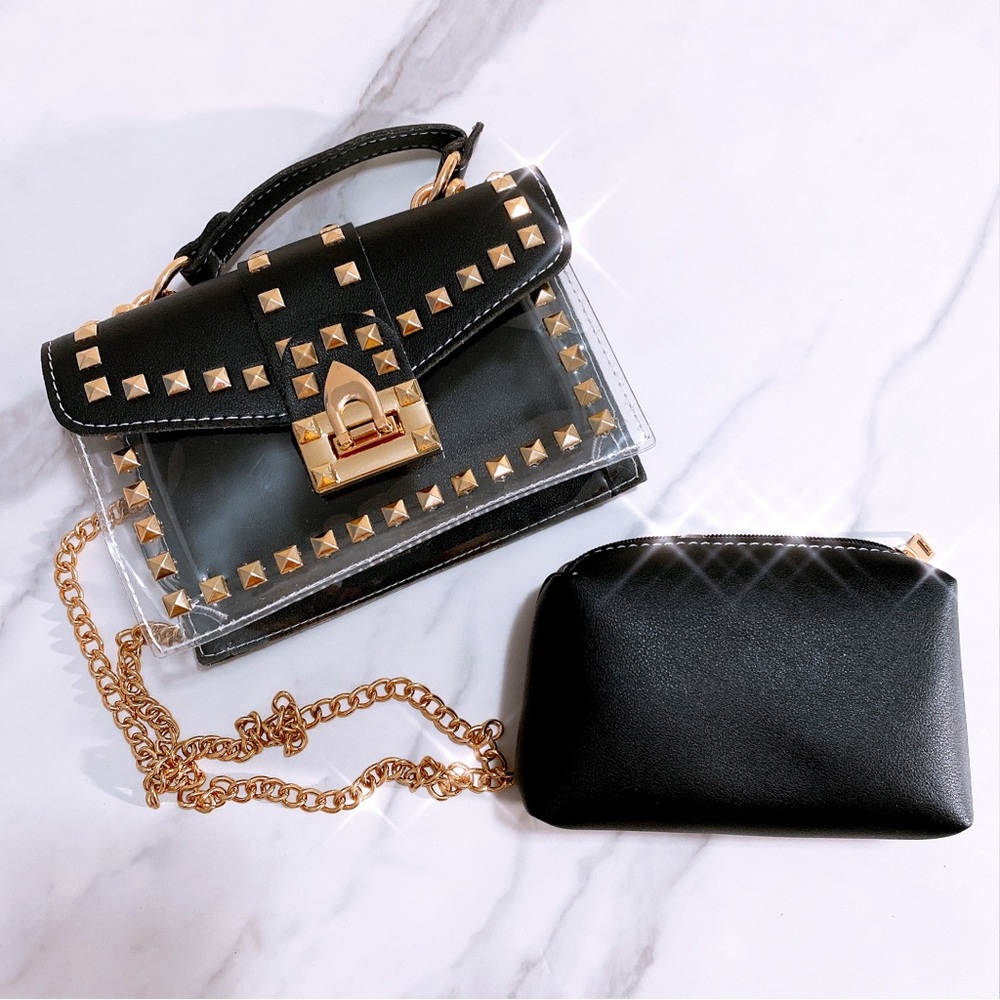 BLACK Luxury Rivet Decoration Jelly Candy Handbags Crossbody - Picture 2 of 10